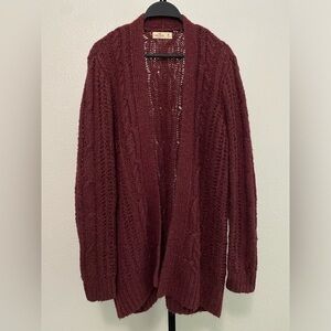 Hollister Women's Chunky Cableknit Burgundy Cardigan M Indie Grunge Transitional